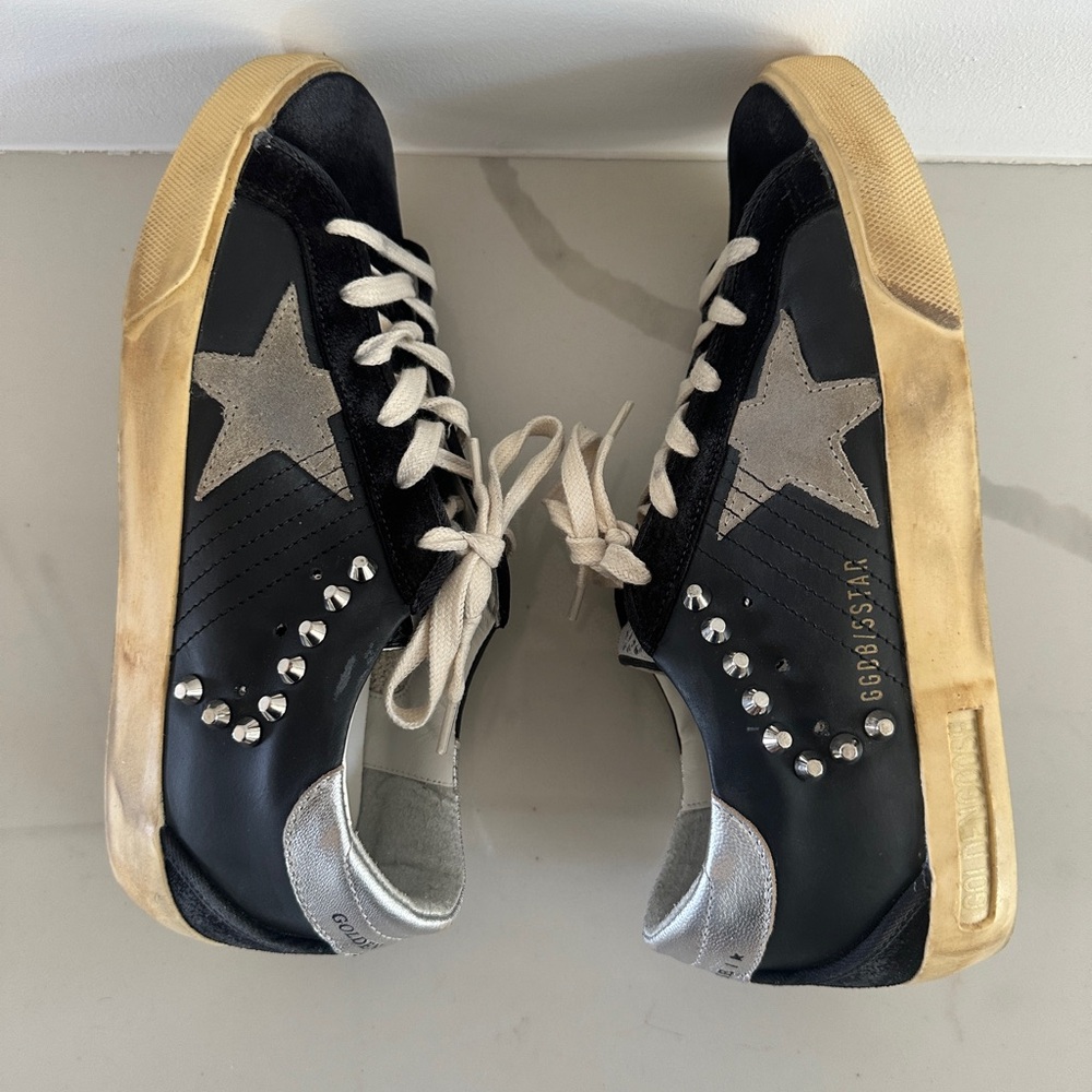 Golden Goose Women’s Black Super-Star Leather & Suede With Silver Studs Size 38